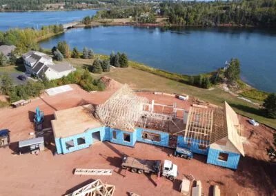 Aerial view of trusses on a waterfront build