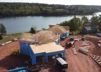 Aerial view of a truss roof under construction